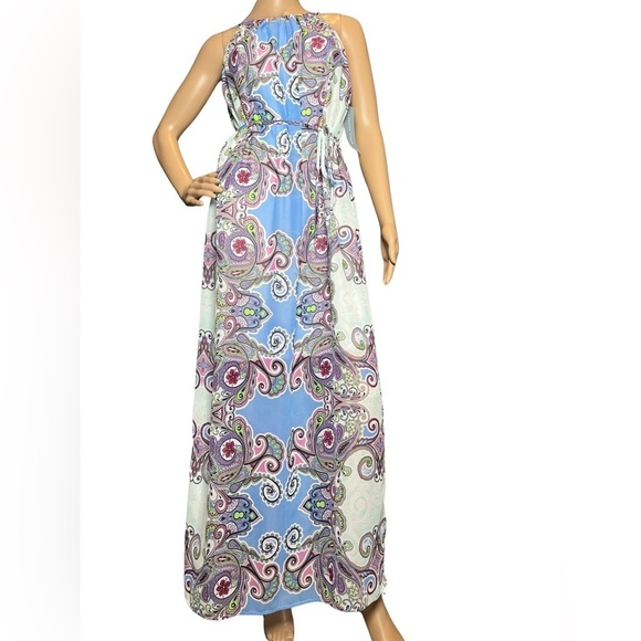 London Times Halter Printed Floral Boho maxi Key Hold dress with tie belt Size 4 - Picture 4 of 14